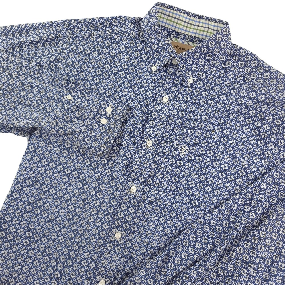 Ariat Shirt Mens M Blue Floral Long Sleeve Button Up Wrinkle Free Casual